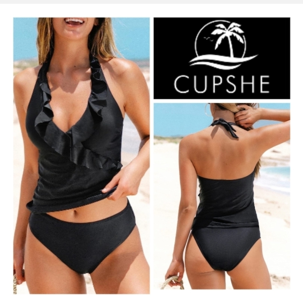 👙CUPSHE Women's Tankini Set Two Piece Swimsuit Ruffled Halter Low Back.